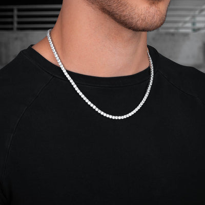 Model wearing mens diamond tennis chain Size: 20"